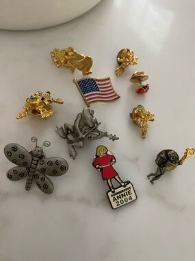 Mixed Vintage Enamel & Metal Pin Lot - American Flag, Butterfly, Frog & More